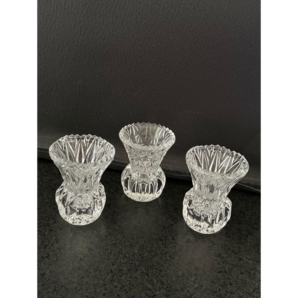 3 VTG Crystal Mini Bud Vases Cut Glass Toothpick Holders with Sawtooth Edge